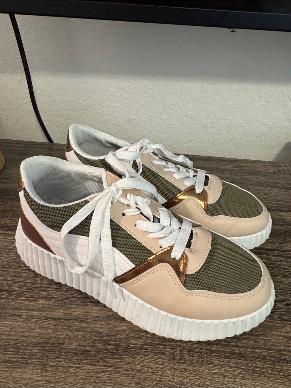 Women's Olive & Cream Fashion Sneakers with Metallic Accents